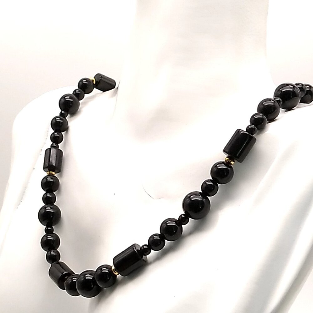 Monet Black Lucite Beaded Gold-tone Accent Necklace Sister Clasp Lightweight NWO